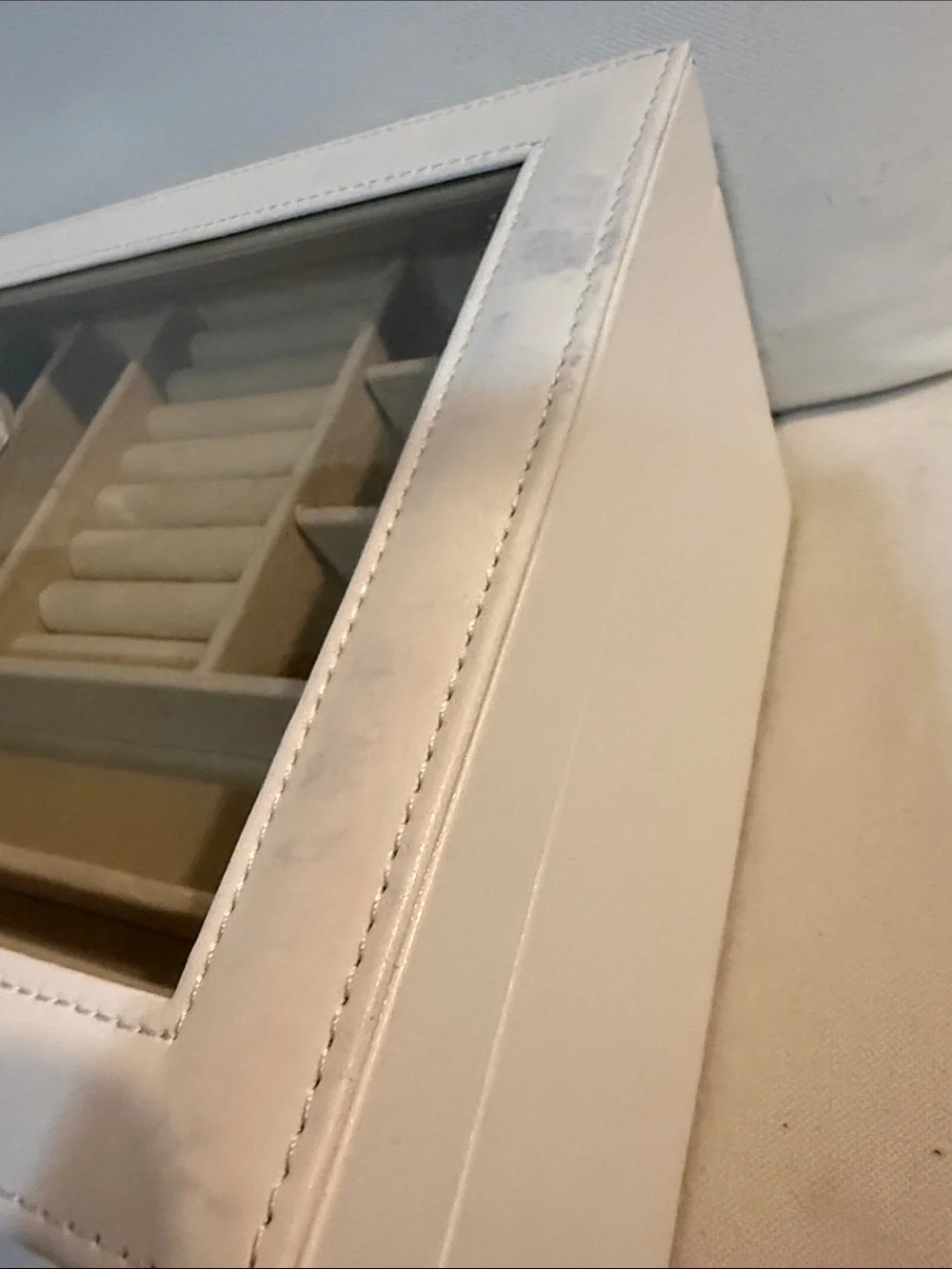White Jewelry Organizer Box with Glass Top and Gold Accents